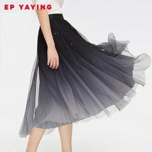 EP YAYING Women's Layered Dark Navy Ombre Midi Tulle Skirt with Sparkle Sequins